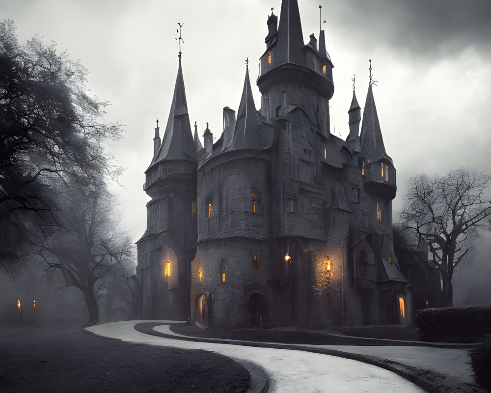 Mystical castle with spires and turrets in foggy landscape