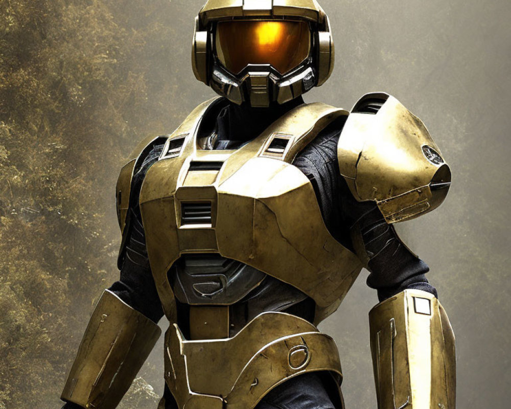 Advanced Gold and Black Armored Suit with Visored Helmet