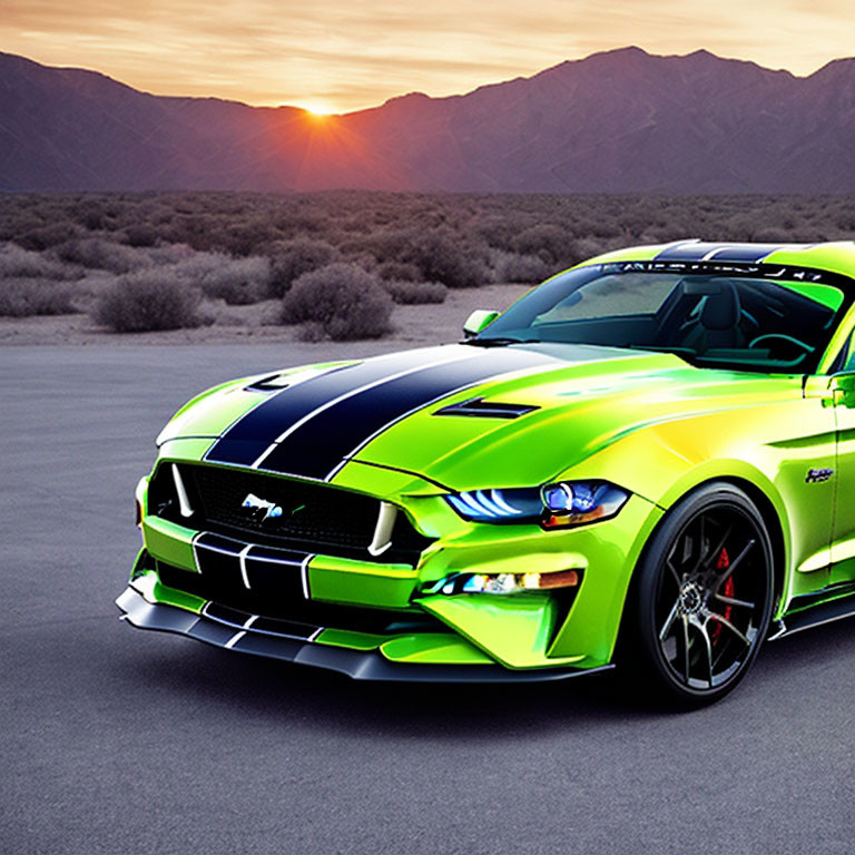 Bright Green Sports Car with Racing Stripes Against Sunset Mountain Desert