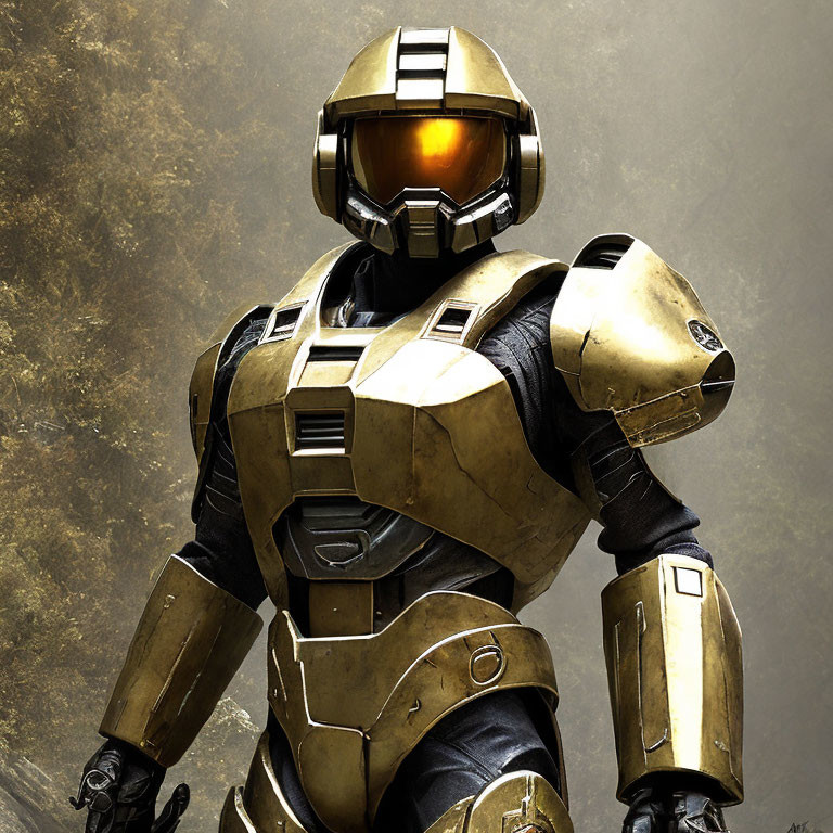 Advanced Gold and Black Armored Suit with Visored Helmet