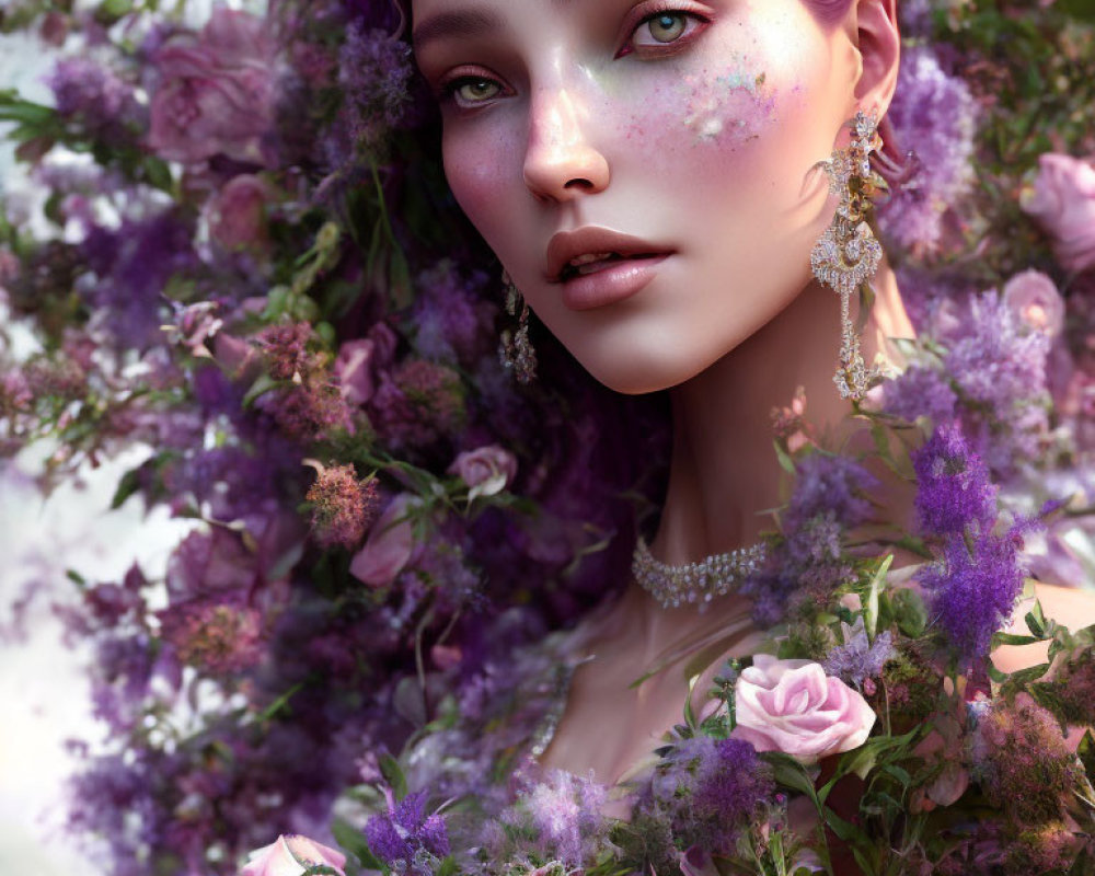 Digital Artwork: Woman with Purple Hair and Flowers, Intricate Jewelry