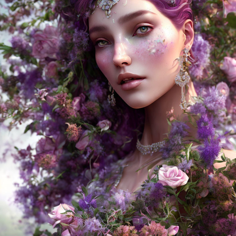 Digital Artwork: Woman with Purple Hair and Flowers, Intricate Jewelry