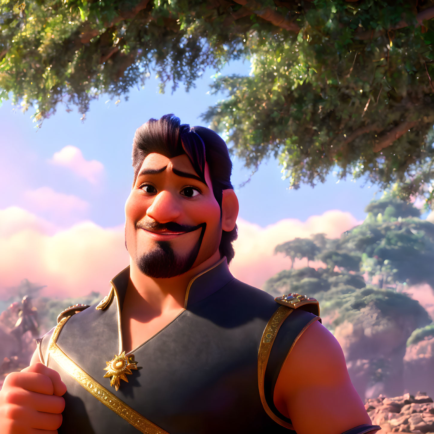 Confident male character in black vest outdoors with pink sky