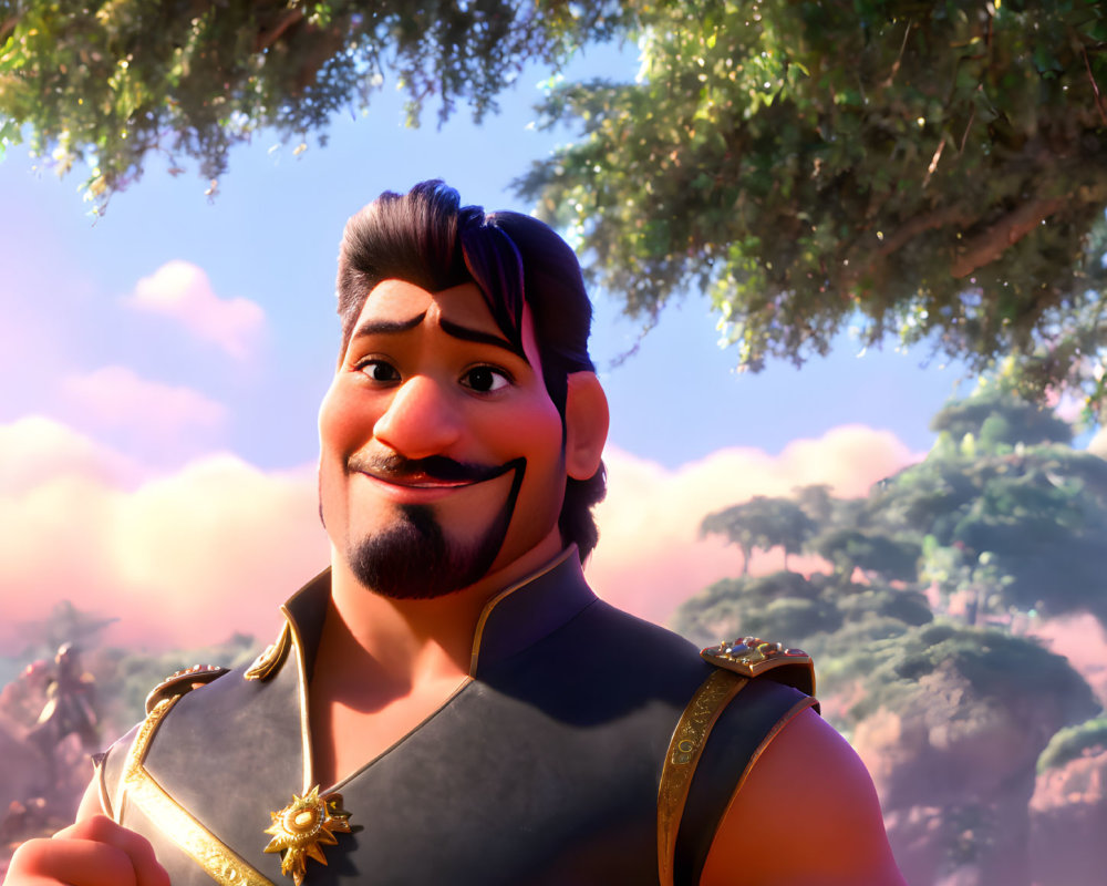 Confident male character in black vest outdoors with pink sky