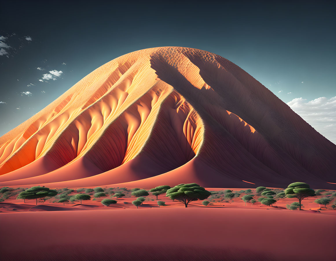 Intricate sand dune pattern against blue sky and green trees