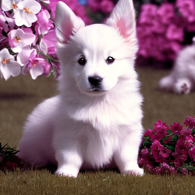 White fluffy puppy surrounded by pink and white flowers.