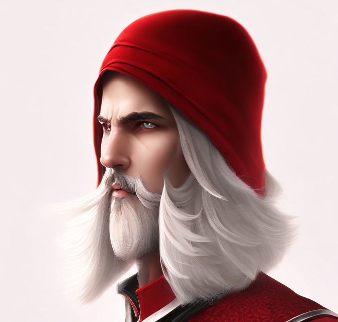 Detailed Illustration of Stern Man with Long White Beard and Red Hood in Dark Armor