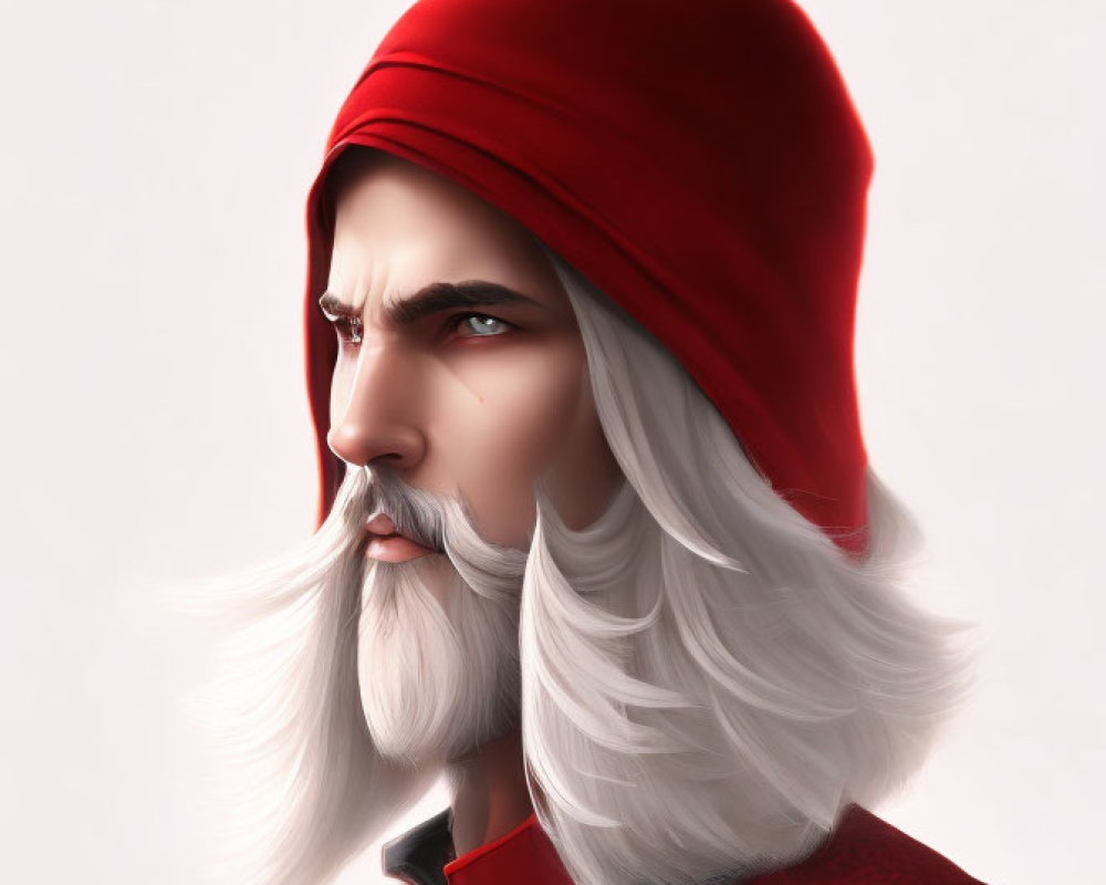 Detailed Illustration of Stern Man with Long White Beard and Red Hood in Dark Armor