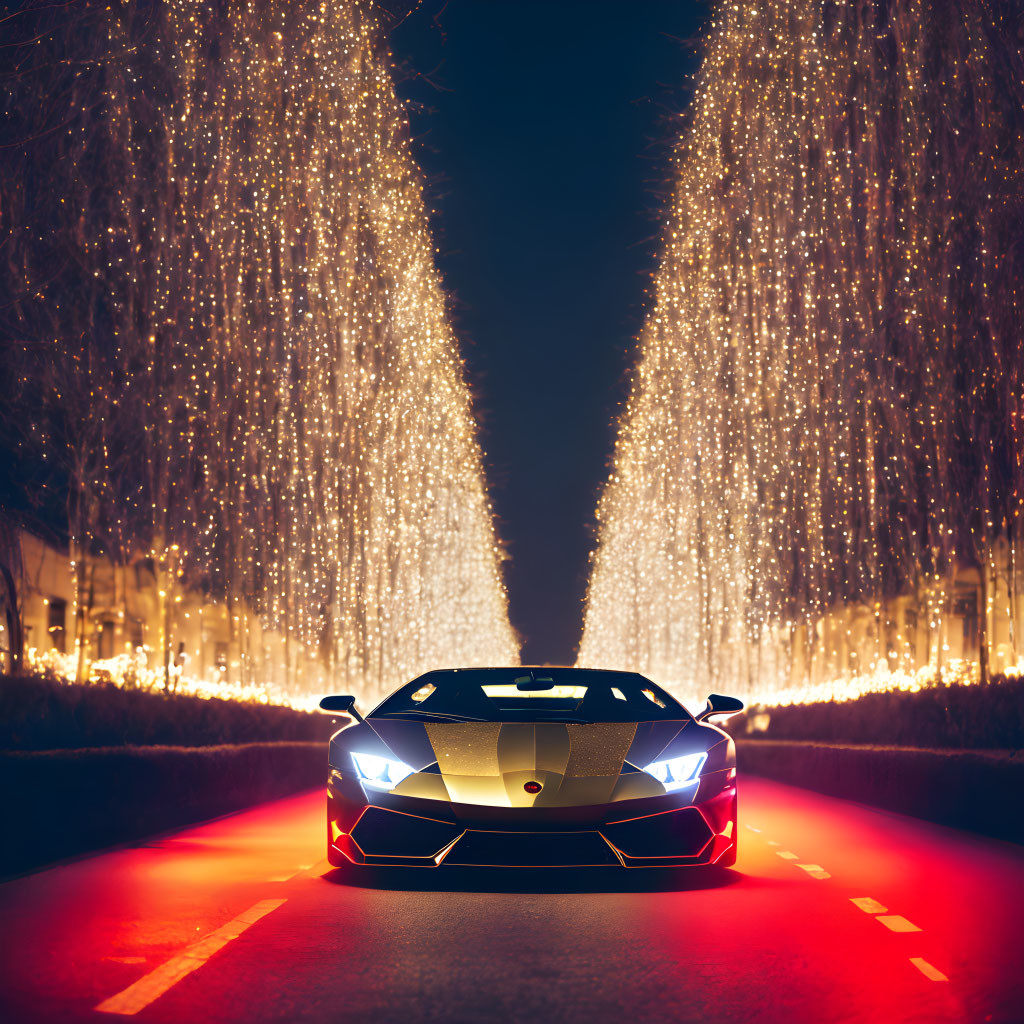 Luxury car with illuminated headlights on tree-lined road at night