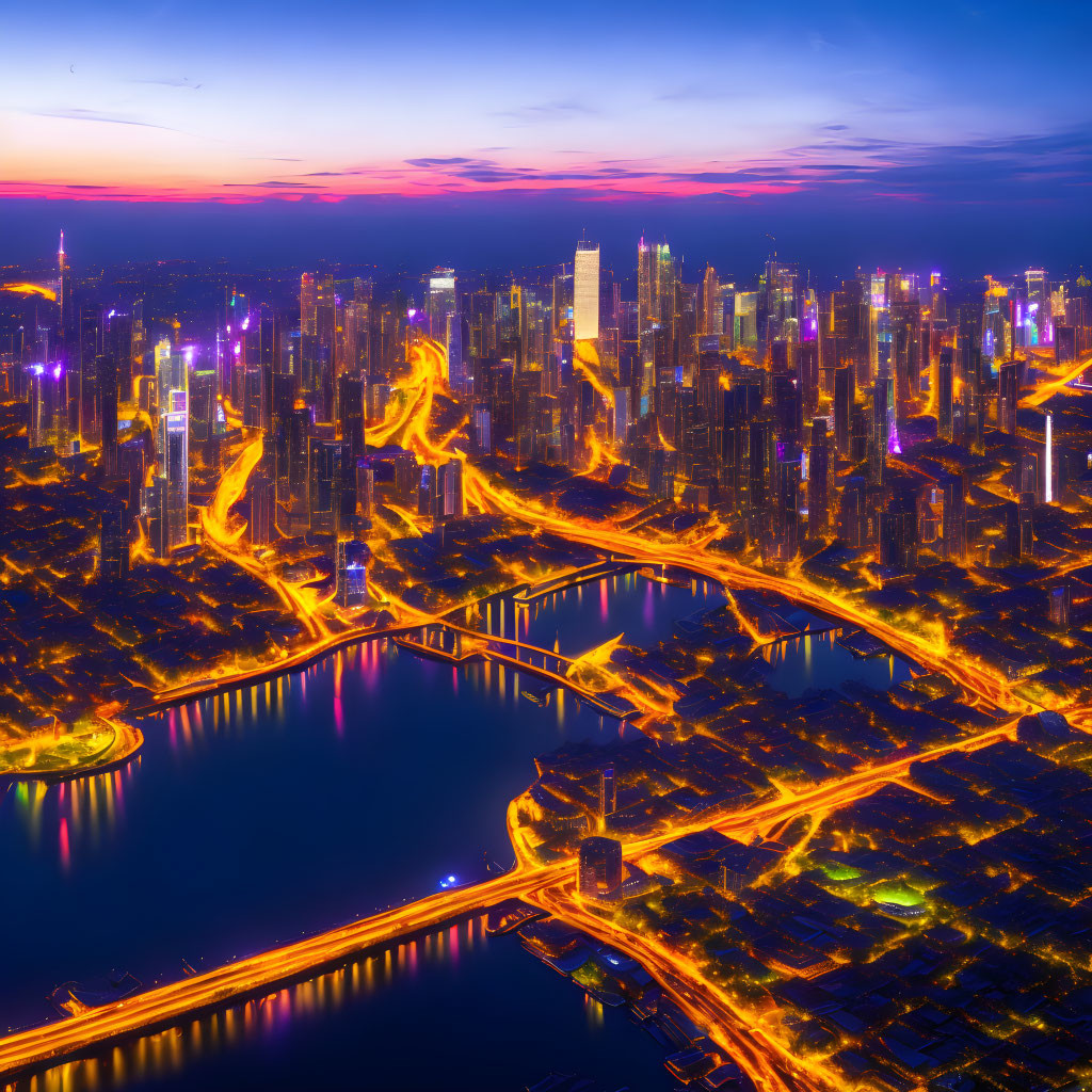 Modern cityscape at twilight with illuminated skyscrapers, highways, and river reflections