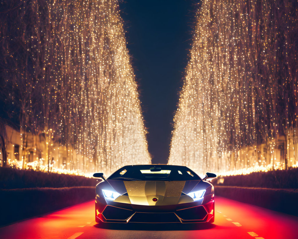 Luxury car with illuminated headlights on tree-lined road at night