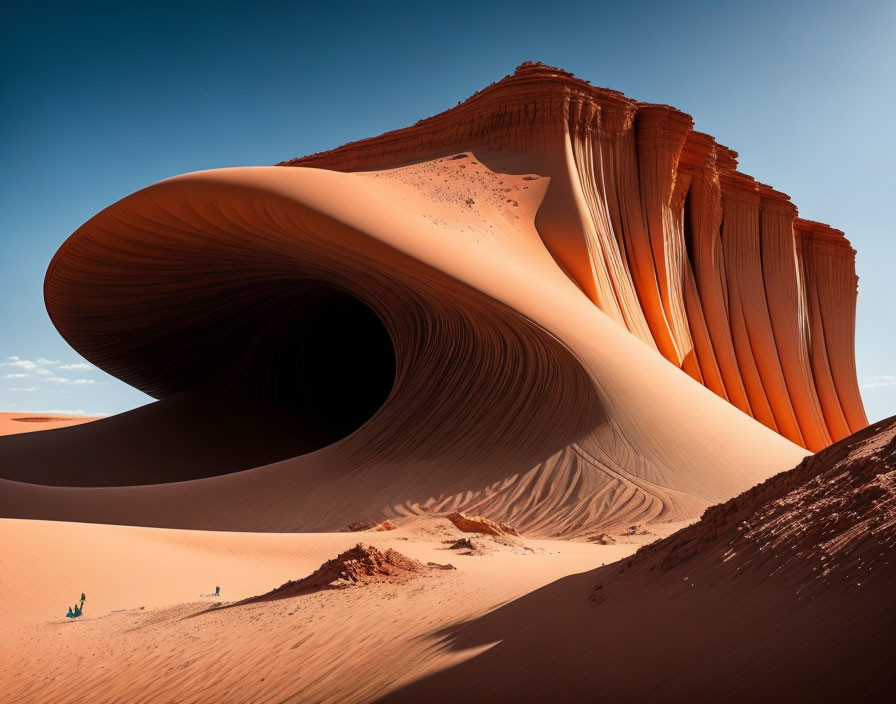 Dramatic sinuous sand dune resembling a wave in vast desert