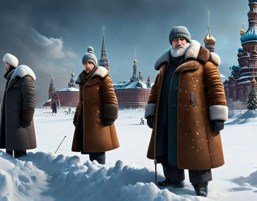 Three people in winter gear with Russian architecture in snow