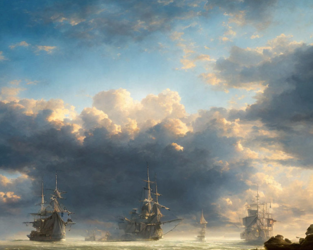 Misty ocean with sailing ships under dramatic sunlight