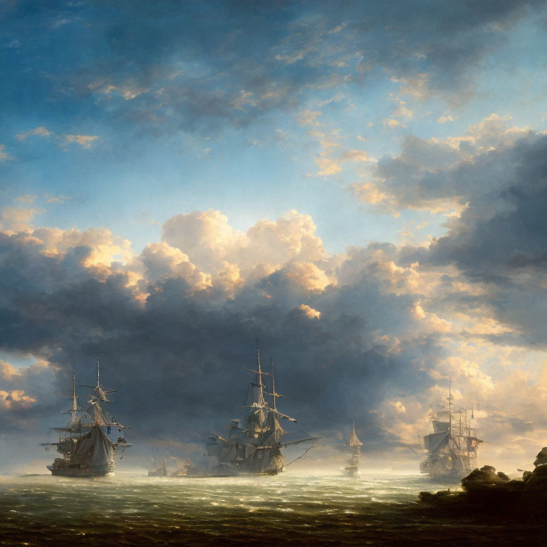 Misty ocean with sailing ships under dramatic sunlight