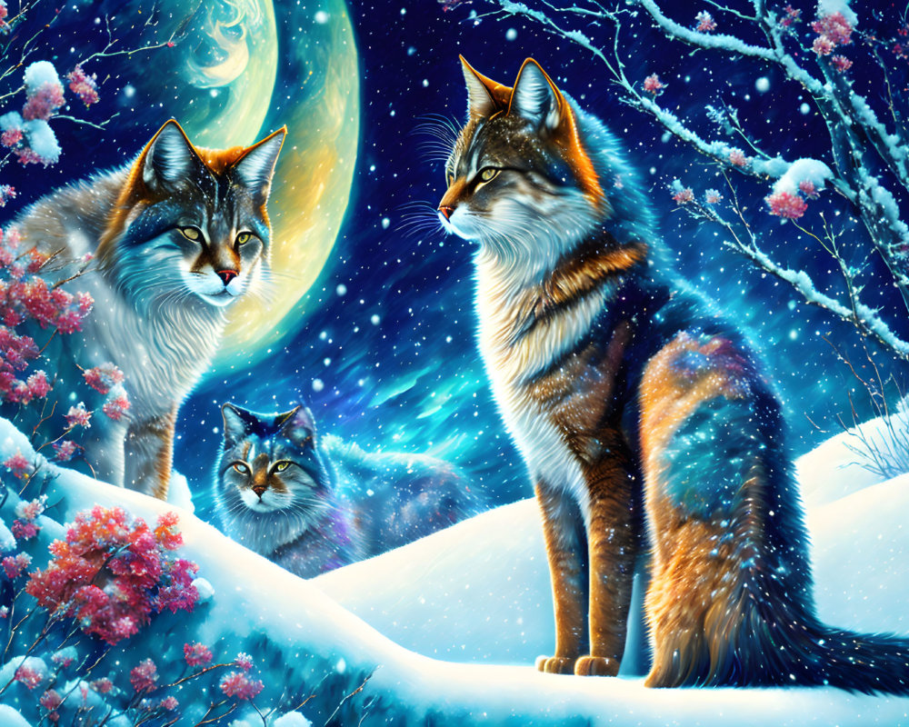 Three Majestic Cats in Snowy Landscape with Pink Trees and Moon