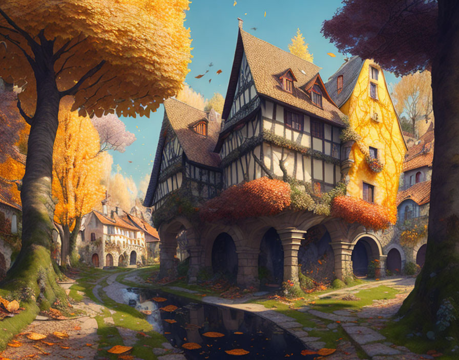 Traditional half-timbered houses and golden foliage in autumn canal scene