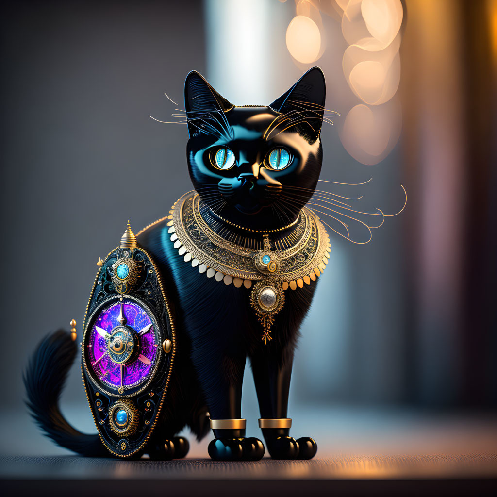 Black cat with blue eyes and gold jewelry on blurred background