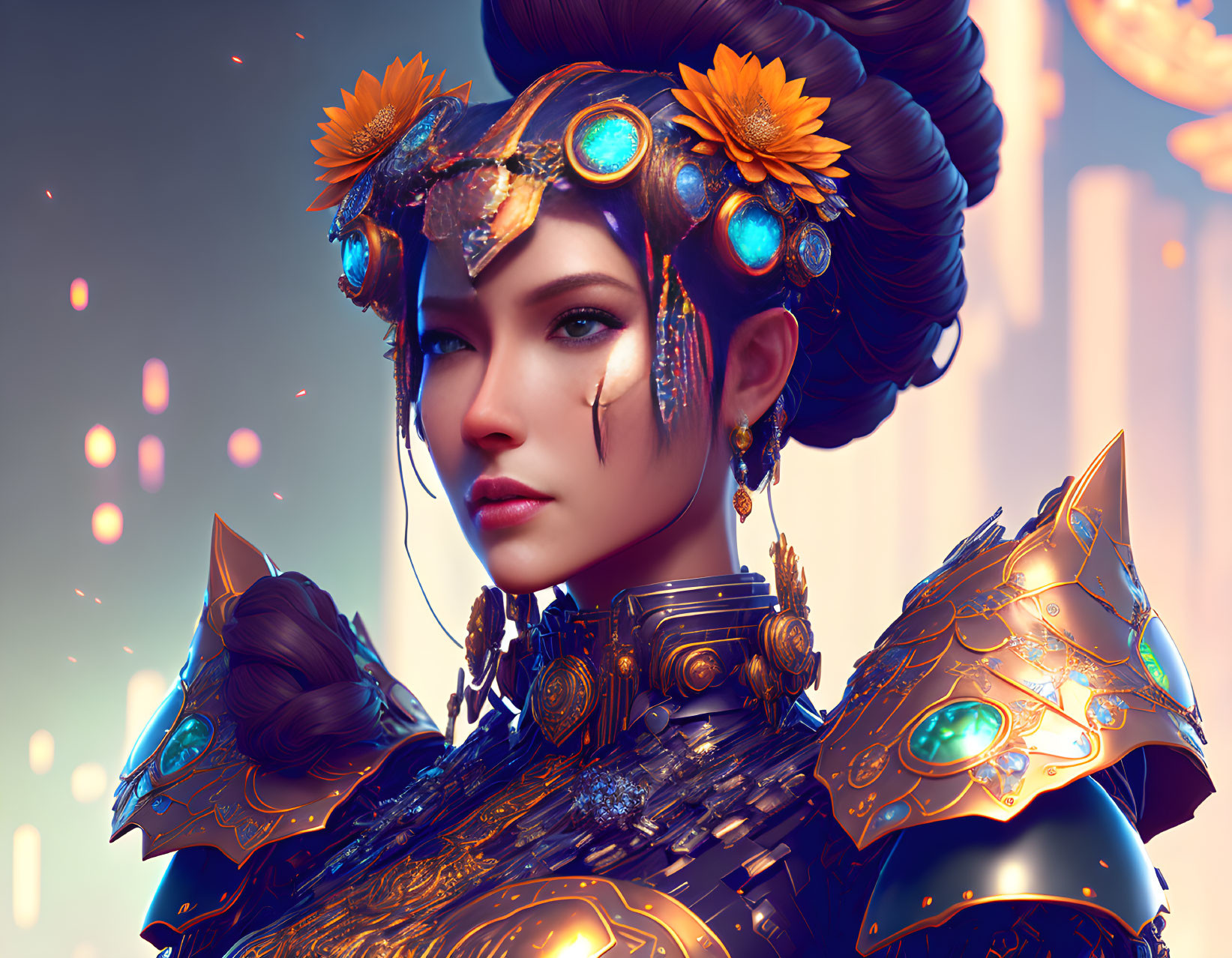 Woman in Golden Armor with Blue Gem Details and Orange Flower Headdress