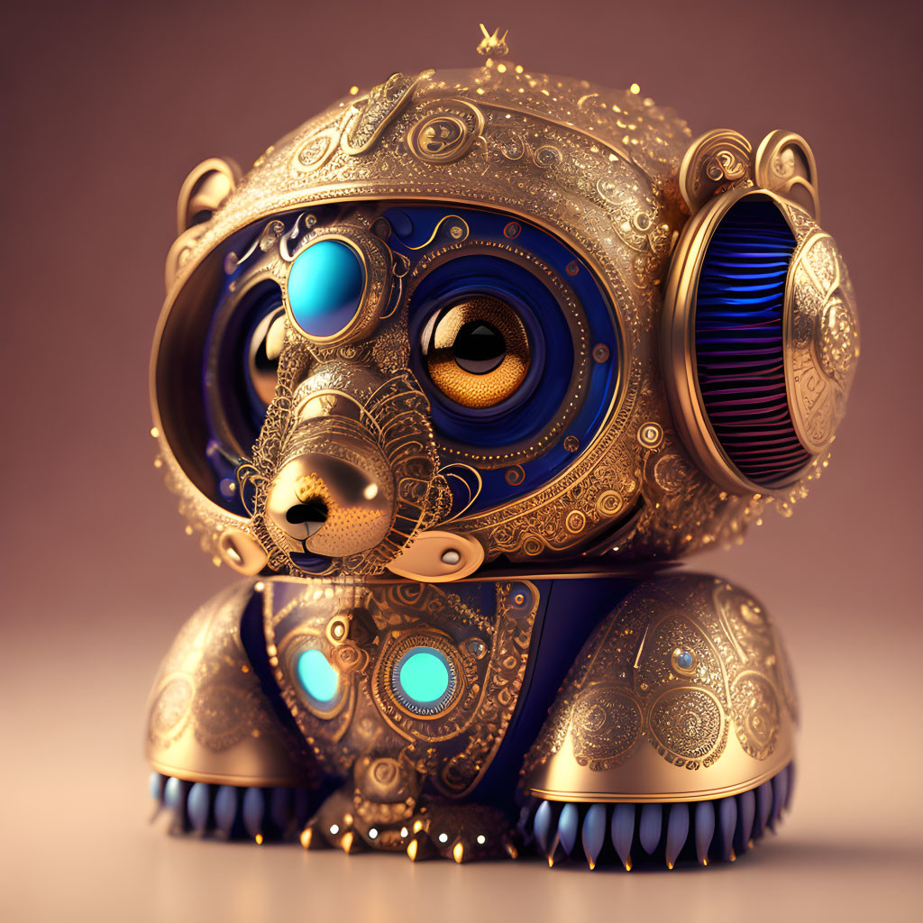 Detailed 3D illustration of robot panda with gold patterns and blue elements