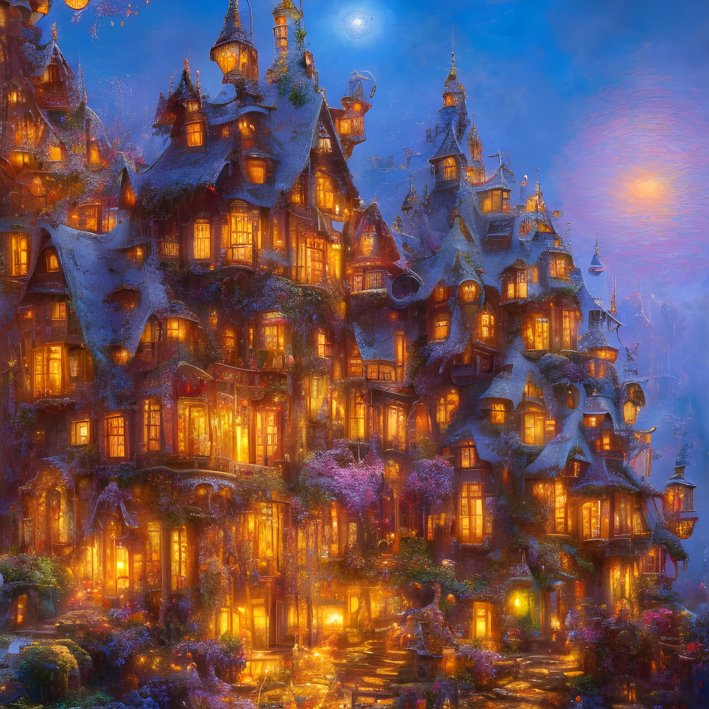 Snow-covered fantasy village at twilight with warmly lit windows