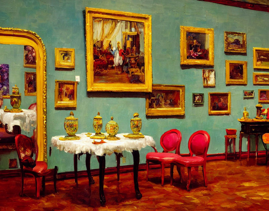 Elegant blue room with golden-framed paintings, red chairs, vases, and a large mirror