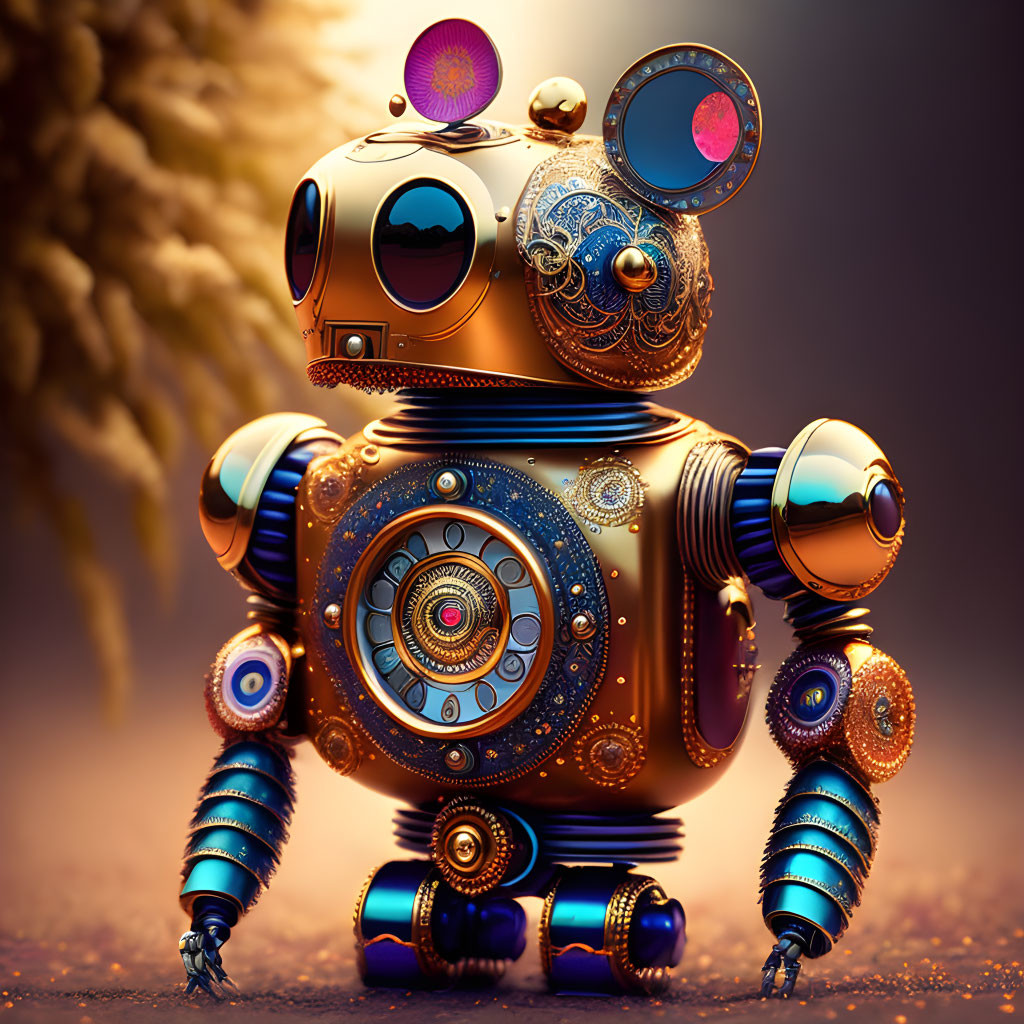 Intricate patterns and textures on whimsical robot against warm background