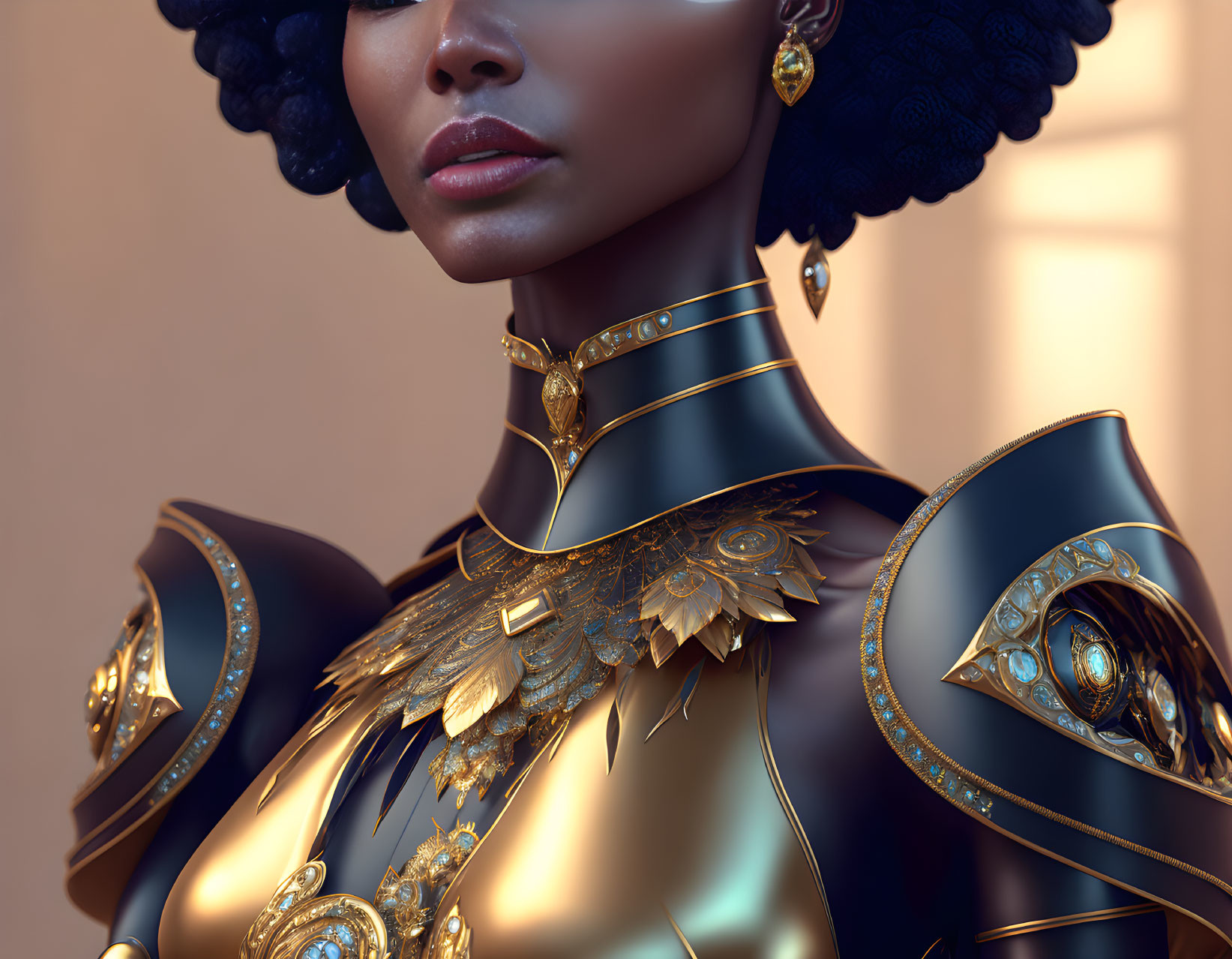 Digital illustration: Close-up of dark-skinned woman in gold-trimmed armor