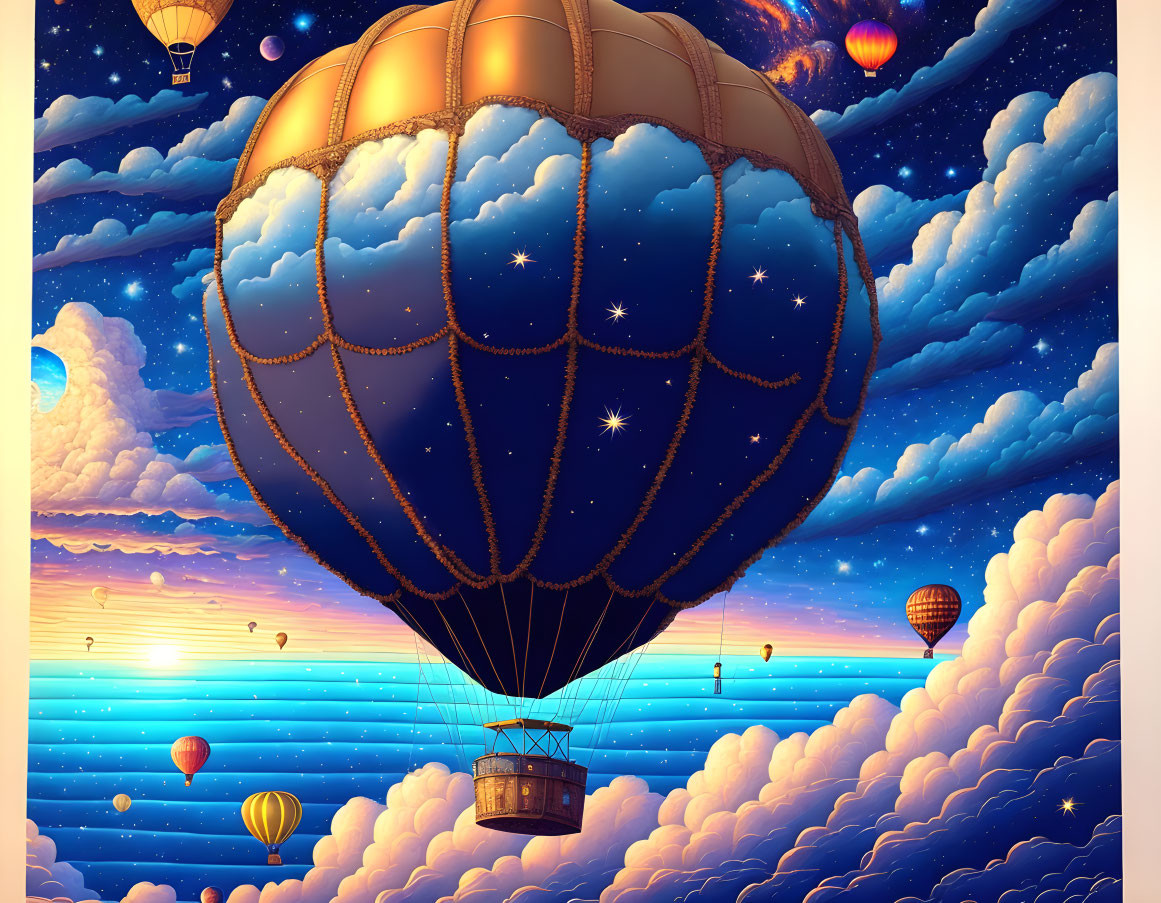 Colorful hot air balloons in sunset sky with stars and warm glow