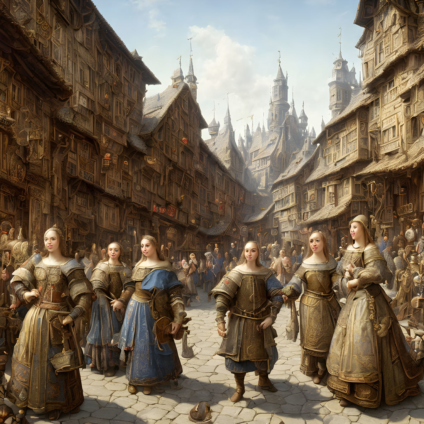 Women in period dresses stroll medieval market street.