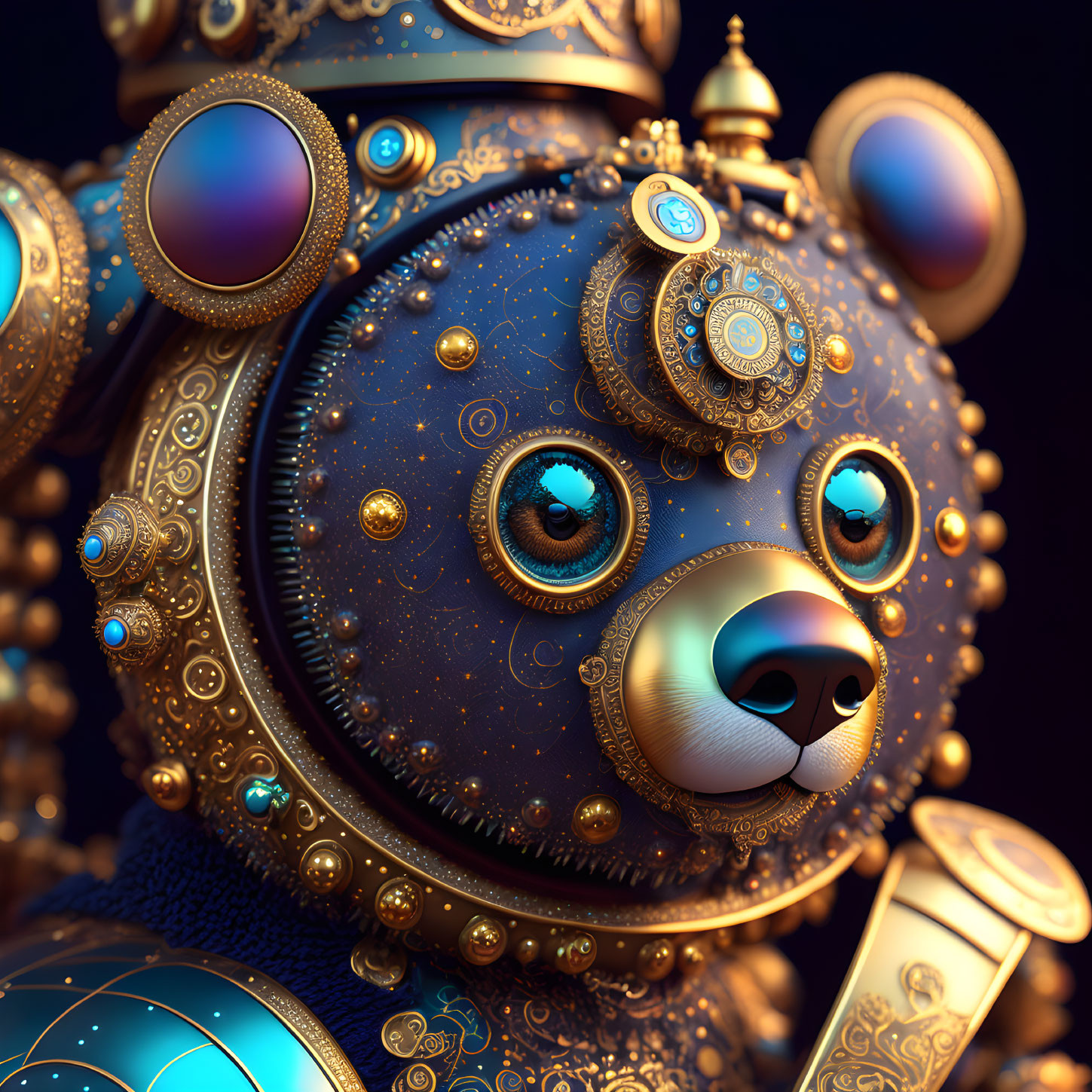 Steampunk-Inspired Bear with Golden and Blue Mechanical Details