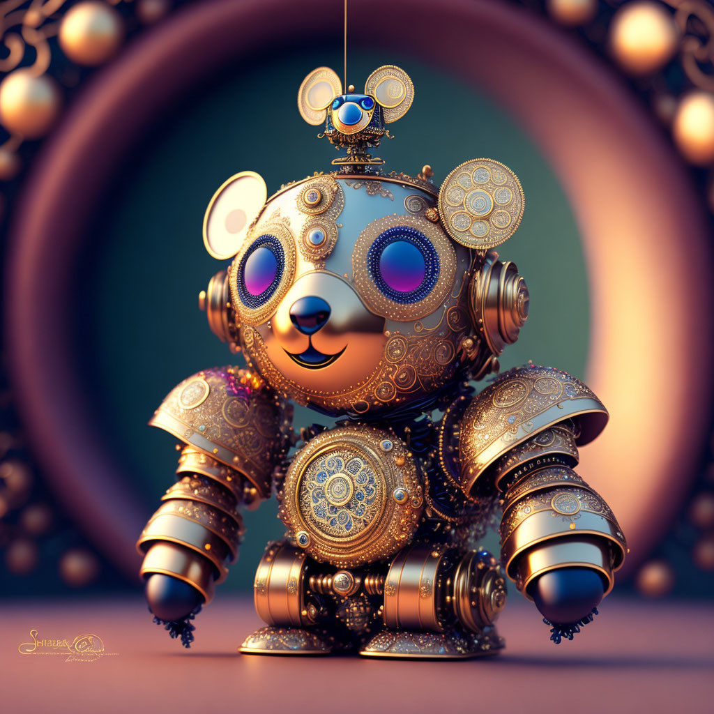 Steampunk-style 3D-rendered ornate teddy bear with metallic gears on warm background