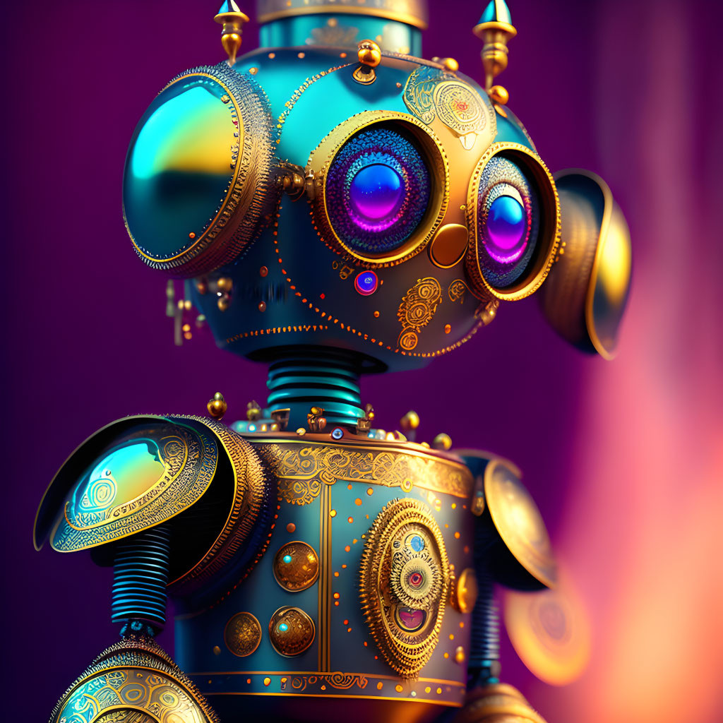 Detailed Steampunk Robot with Gold and Blue Designs on Purple Background