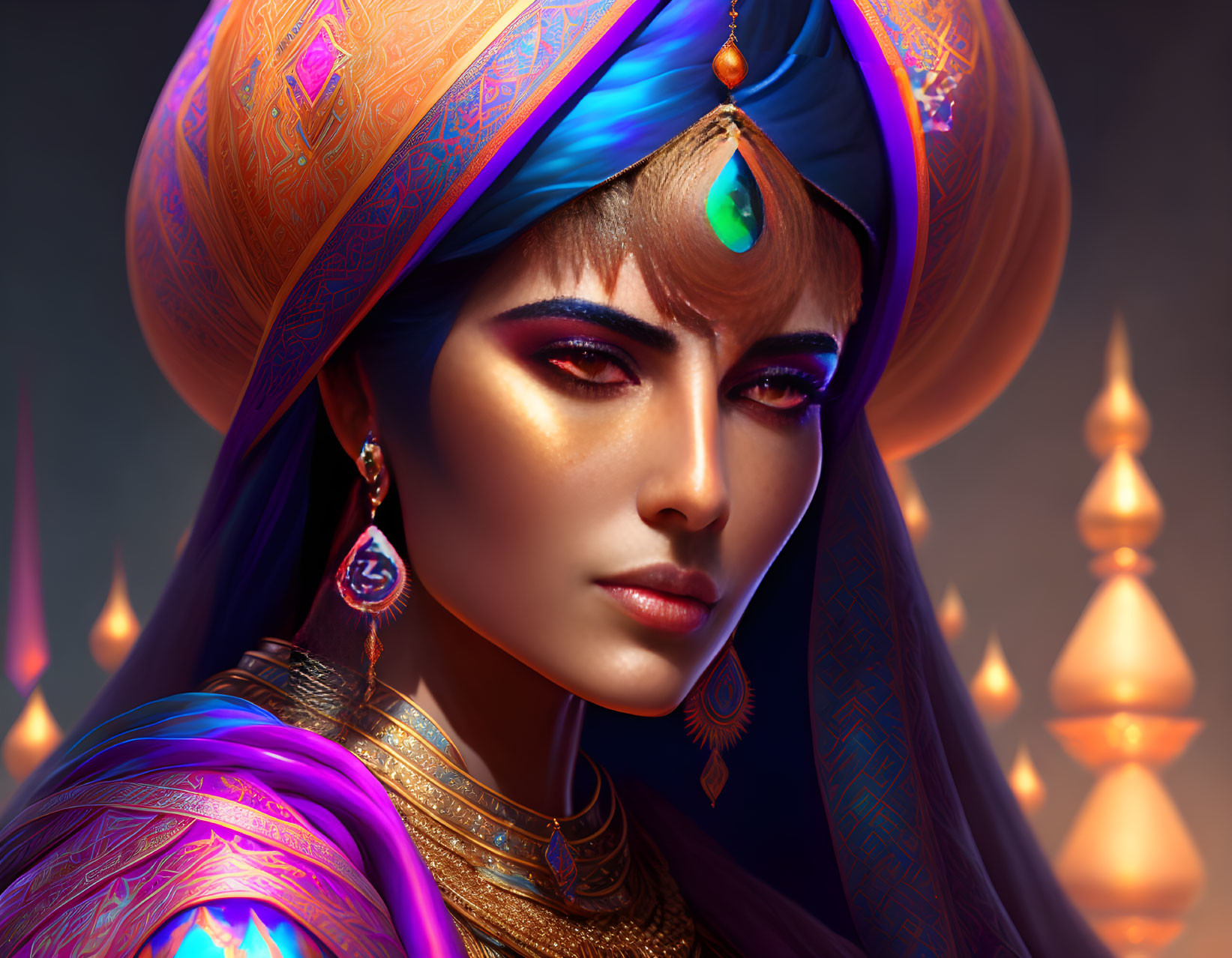 Vibrant digital portrait of a woman in ornate Middle Eastern attire