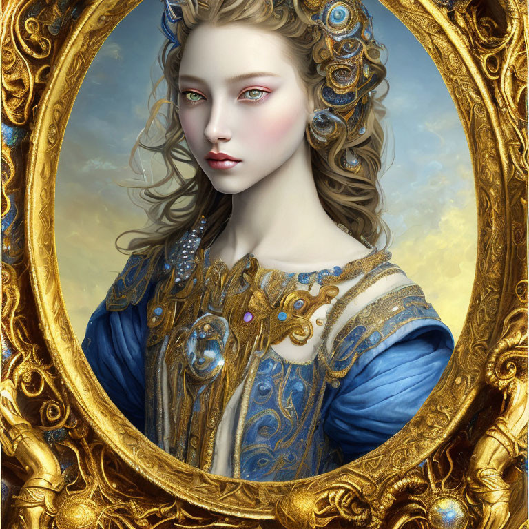 Digital portrait of a woman with green eyes in ornate golden curls, blue and gold renaissance dress