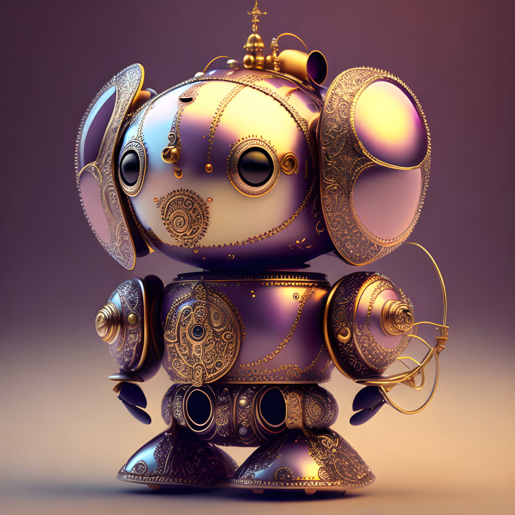 Detailed Steampunk-Style Robot with Brass and Purple Designs