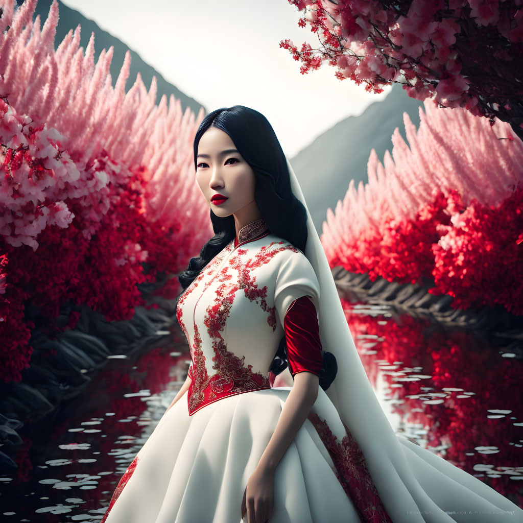 Traditional Red and White Dress Woman by River with Pink Blossoming Trees