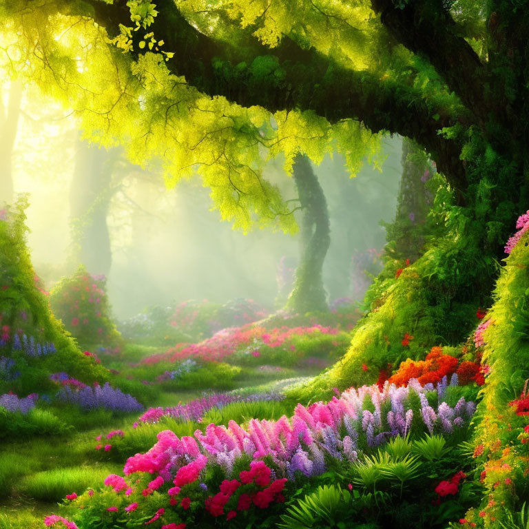 Lush forest scene with sunlight, moss-covered trees, and colorful flowers