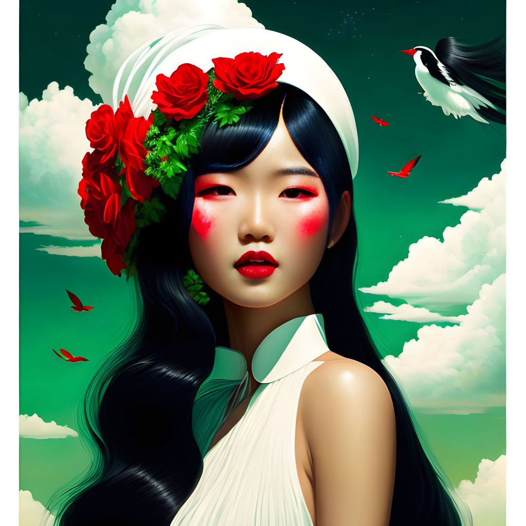 Digital artwork: Girl in white hat with red flowers, birds, rosy cheeks, green cloudy sky