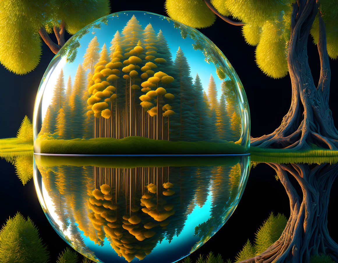 Surreal landscape with reflective sphere and inverted pine forest