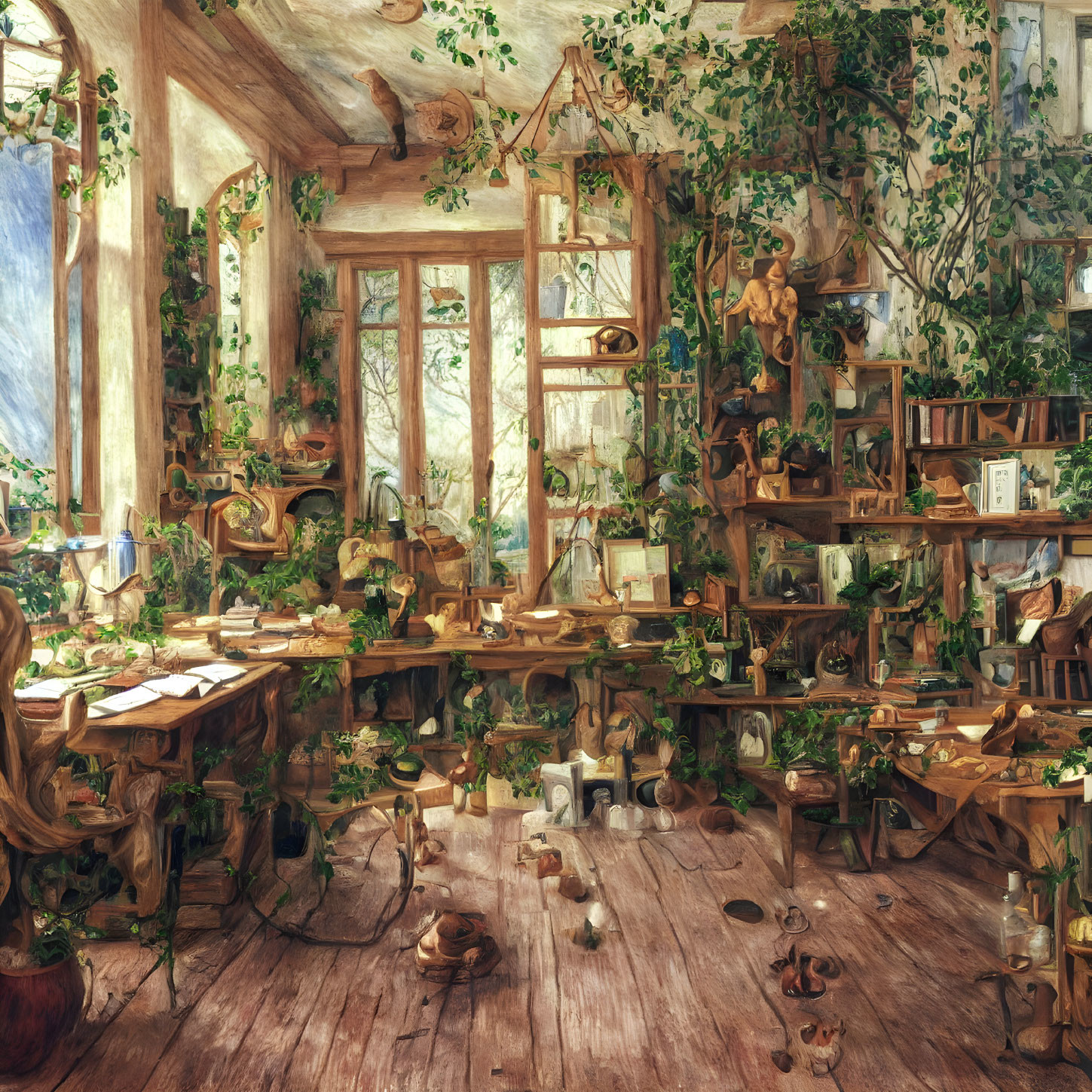 Sunlit artist's studio with green plants, art supplies, paintings, and rustic decor