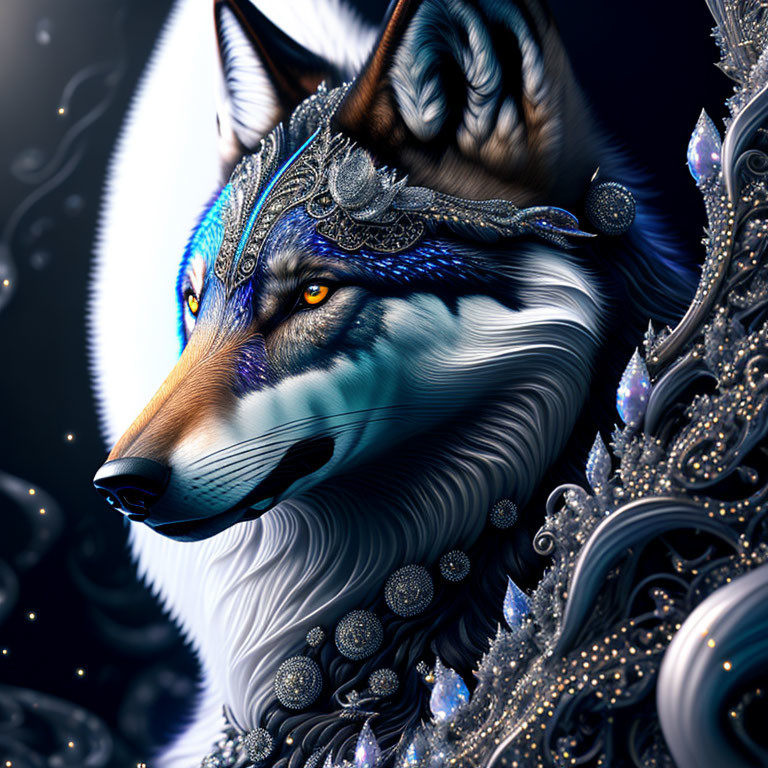 Detailed illustration of majestic wolf in ornate armor and headdress