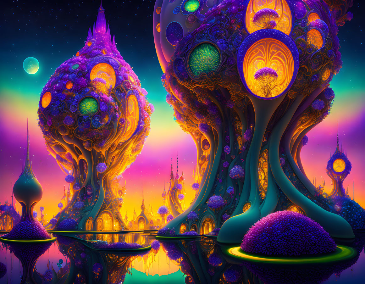 Surreal alien landscape with vibrant colors and starlit sky