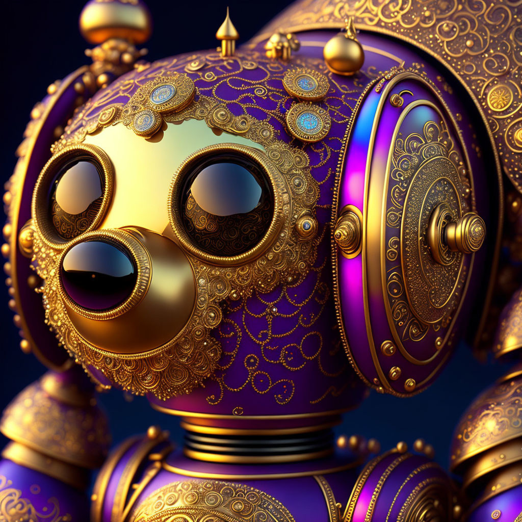 Colorful 3D robot illustration with ornate purple and gold details