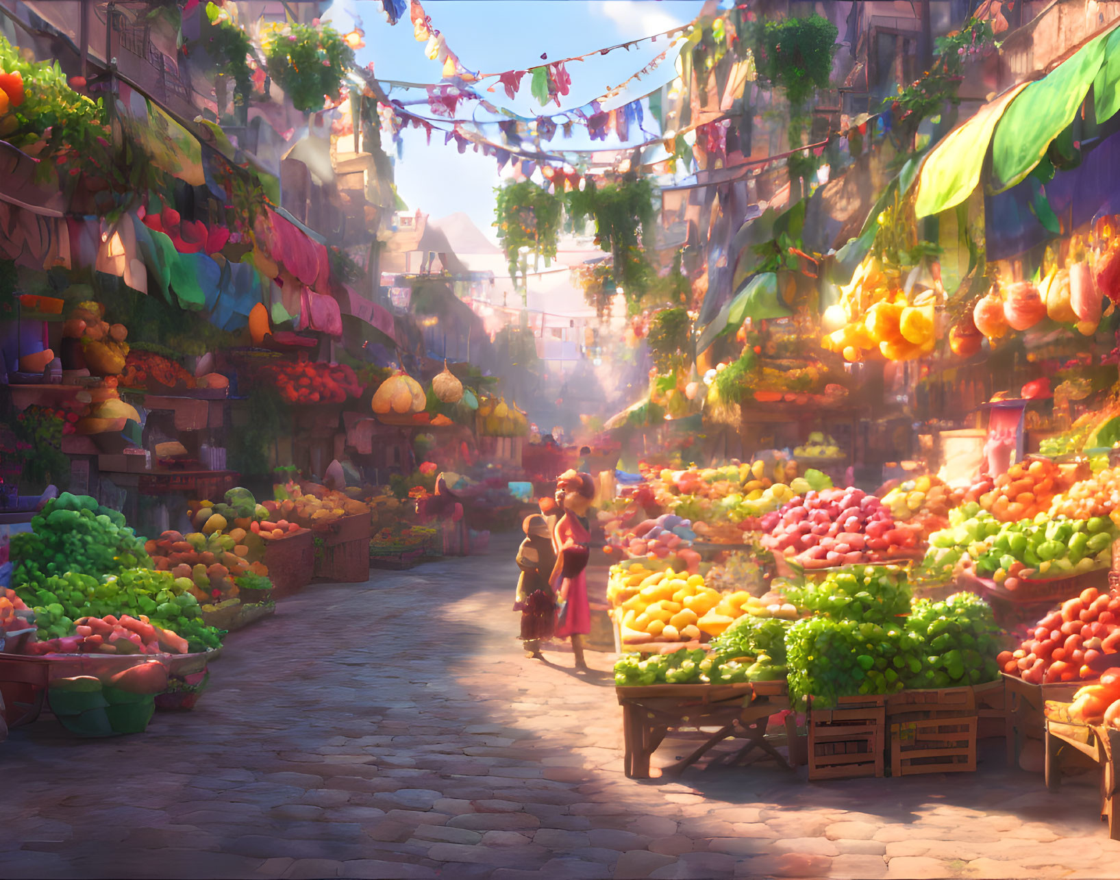 Colorful Fruit and Vegetable Market with Cobblestone Pathways and Festive Decorations