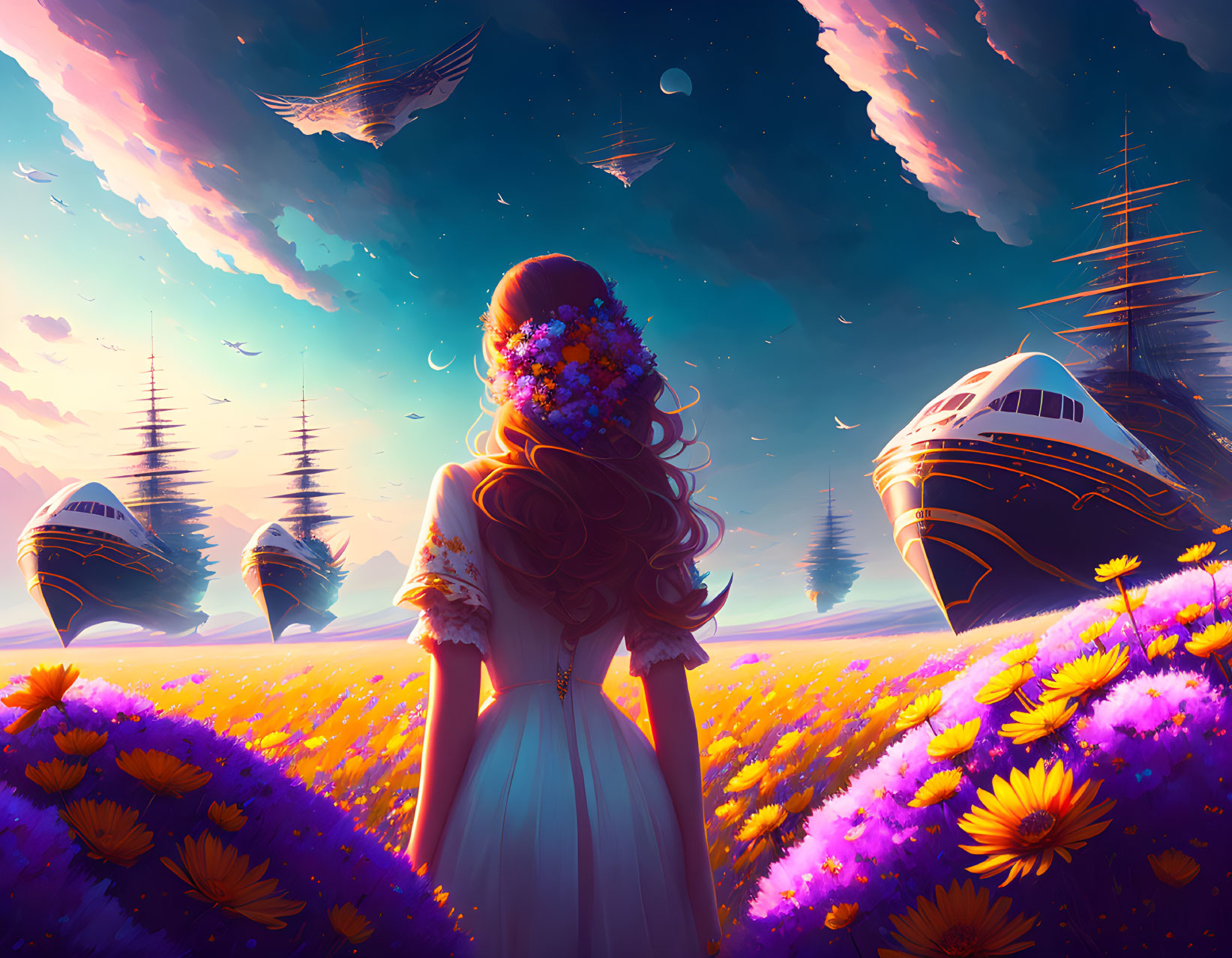 Woman with flower crown in dreamlike landscape with floating ships and vibrant flowers