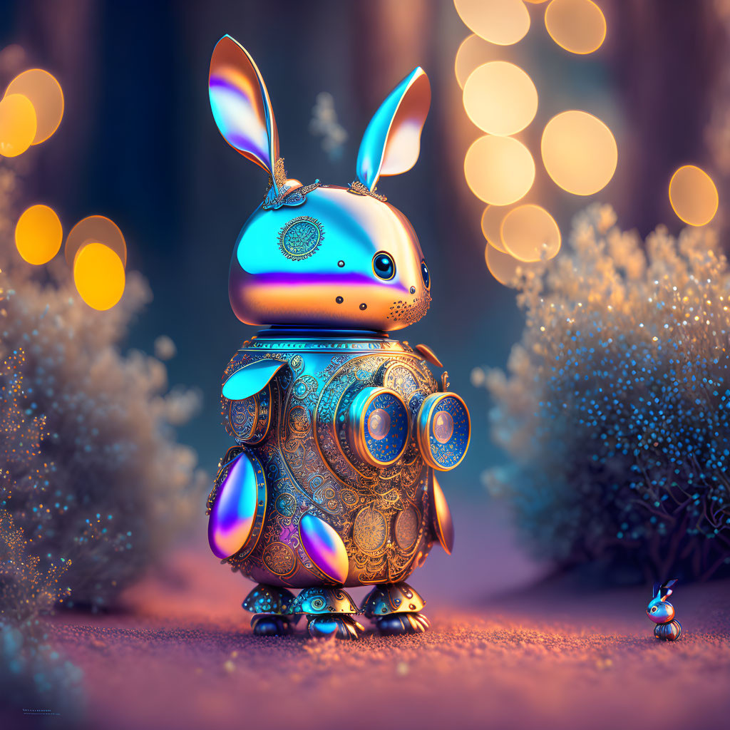 Ornate patterned robotic bunny in soft light environment