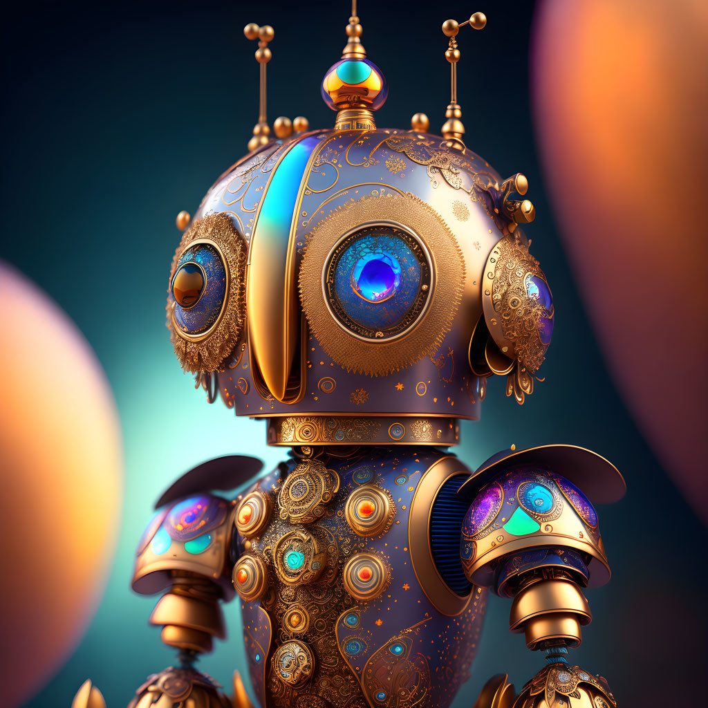 Detailed Steampunk Robot with Ornate Design and Jewel-like Eye