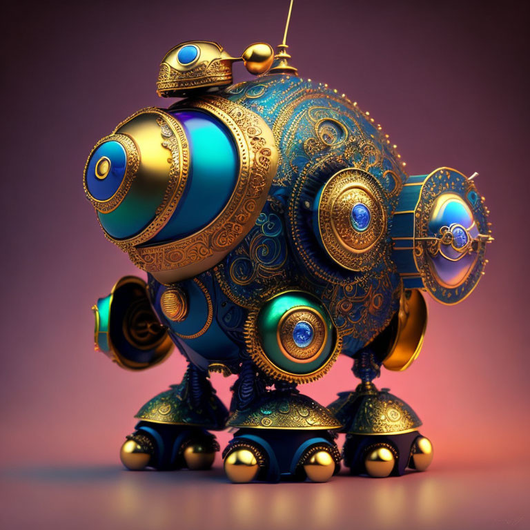 Intricately designed ornamental robot with blue and gold accents on warm gradient background