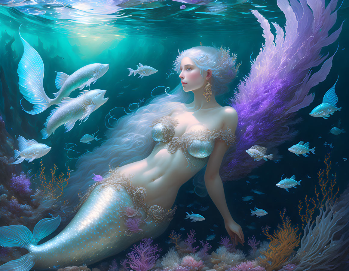Serene mermaid with long hair among vibrant coral reefs and fish